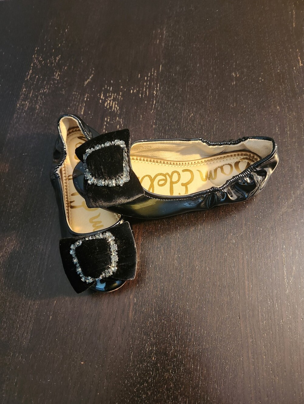 Sam Edelman girls black Patent ballet flats With A Velvet bow and rhinestones.